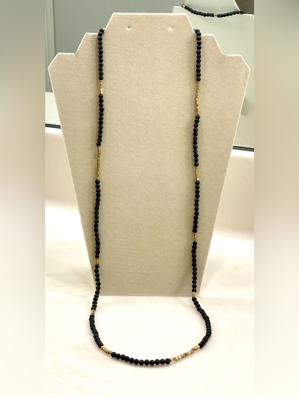 Vintage Extra Long Matte Black Textured Bead Brushed Gold Cube Station Necklace